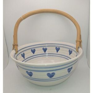 Vintage Bamboo Handle Pottery Basket Serving Bowl Blue Hearts Painted